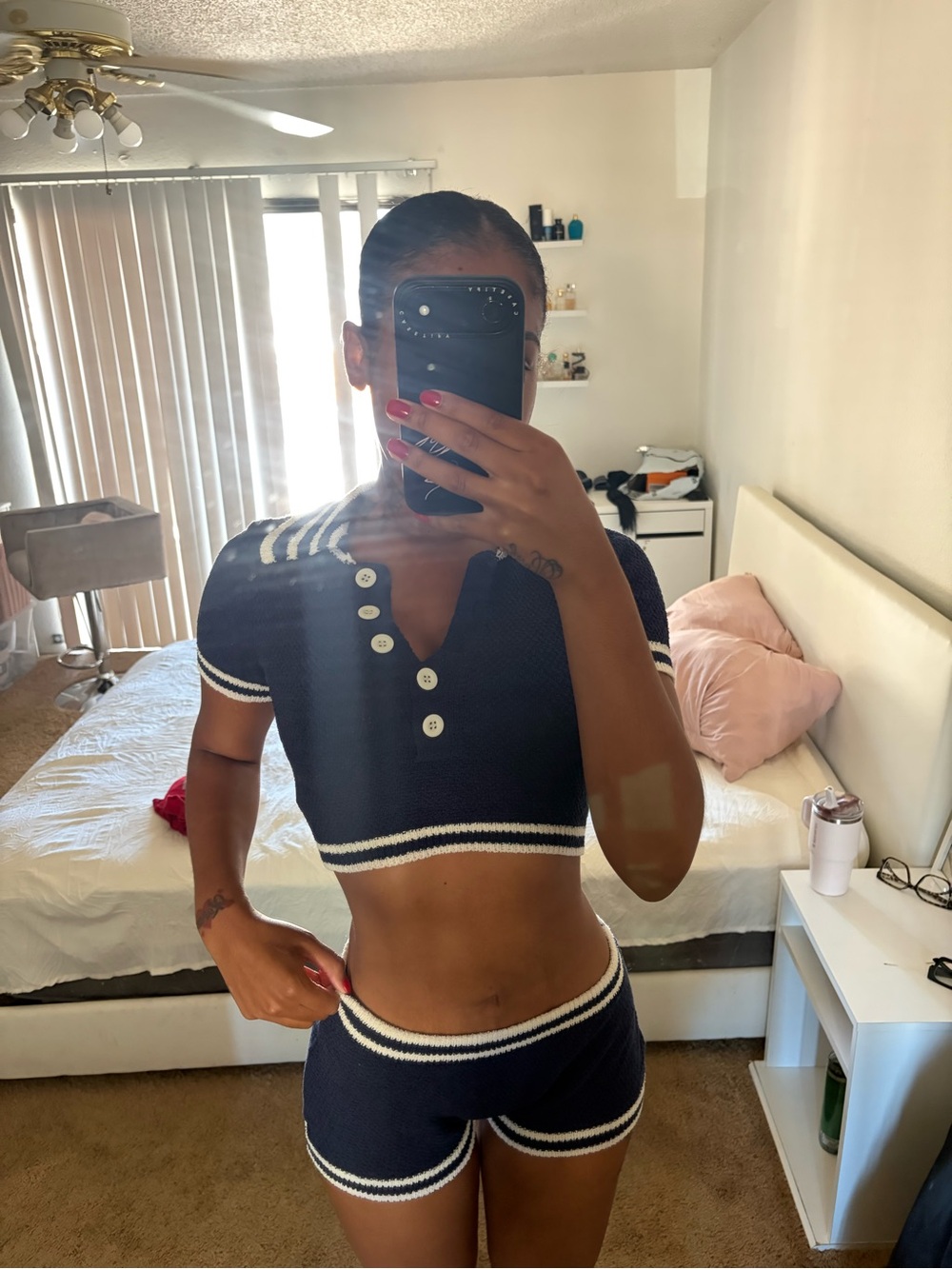 Cropped Navy Knit Polo Top with Button Placket